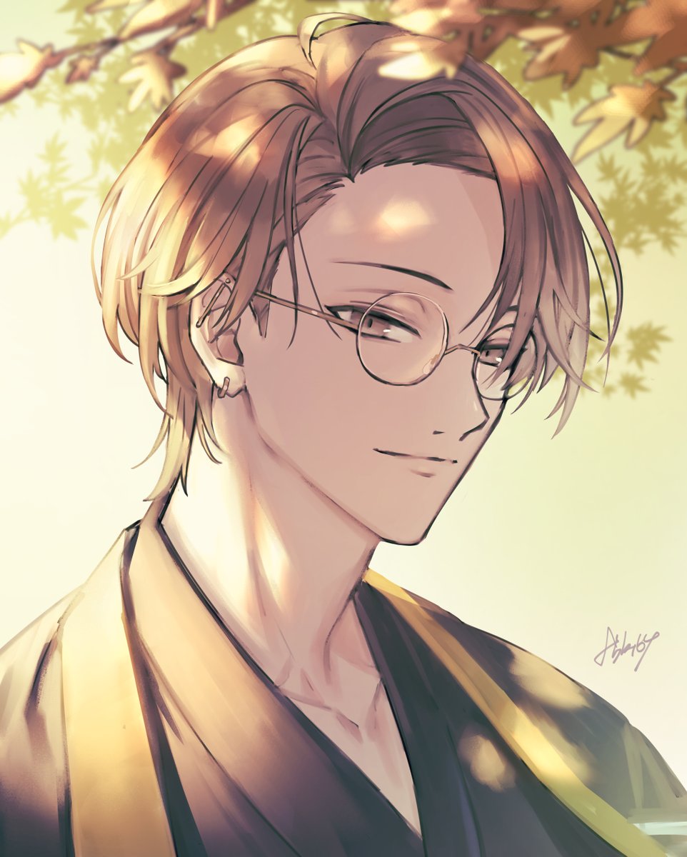 male focus 1boy glasses japanese clothes brown hair solo kimono  illustration images