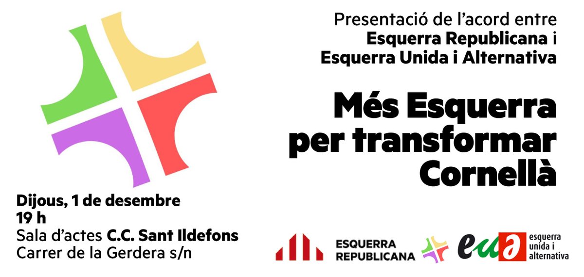 YasminaSanchezO's tweet photo. 📢 Gran notícia per les eleccions #Municipals23!
Acord entre #ERC i #EUiA de Cornellà.
Ens veiem a la presentació el:
📆 Dijous, 1 desembre
⌚️19 h
📍CC Sant Ildefons
Més Esquerra per transformar #Cornellà! https://t.co/DsiXn93FM6