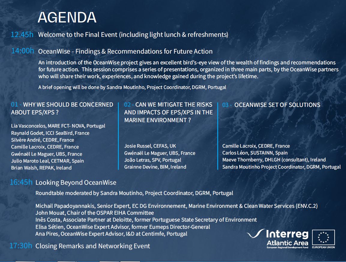 <a href="/OceanWise_/">OceanWise</a> presenting results of the project in Lisbon on Nov. 29th. #marinelitter #plasticpackaging #EPS 
Streaming link: us06web.zoom.us/j/82868840688
Registration for on-site participation:  forms.gle/5Qgufrvg3wJUoe…
Registration for online participation: forms.gle/Giup17bUFzUK1N…
