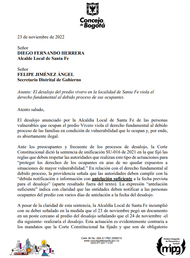 mjsarmientoa's tweet photo. La Alcaldía Local de Santa Fe incumple con su deber y actúa en contra de los mandatos de la Corte Constitucional.
El desalojo del predio Vivero en la localidad de Santa Fe viola el derecho fundamental al debido proceso de sus ocupantes. https://t.co/dxcNs78Ruh