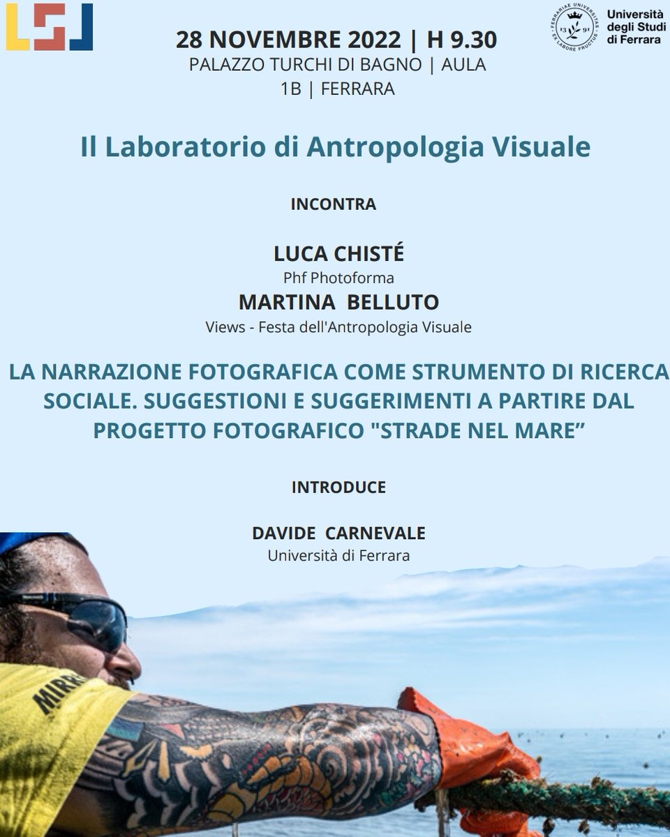 LSU_Ferrara's tweet photo. 🗓️Nuovo evento!

📍Lunedì 28 novembre 2022, alle ore 9.30, presso l'aula 1B del Palazzo Turchi di Bagno di Ferrara

❗Non mancate

#lsu #laboratoriostudiurbani #ferrara #antropologia #università #unife #antropologiavisuale #fotografia #stradenelmare https://t.co/9LAn1PCf5N