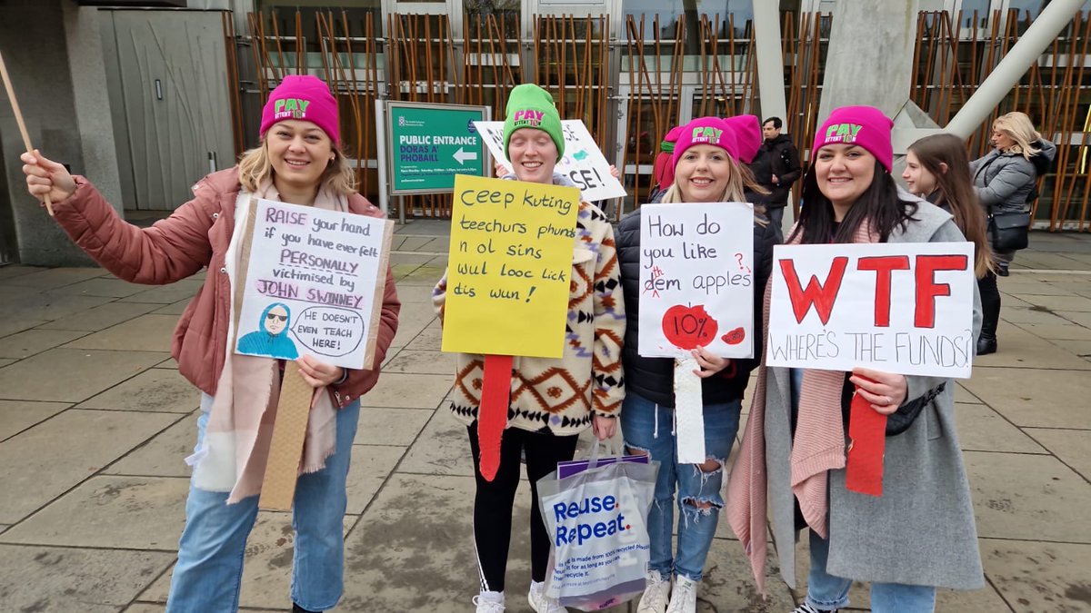 EISUnion's tweet photo. We are very impressed by the wit and artistic talents of many of our members. #EISStrike Such a pathetic, divisive offer will never be acceptable to the EIS or to Scotland’s teachers. It's time for the Scottish Government and COSLA to #PayAttention https://t.co/UauDLbSPz8