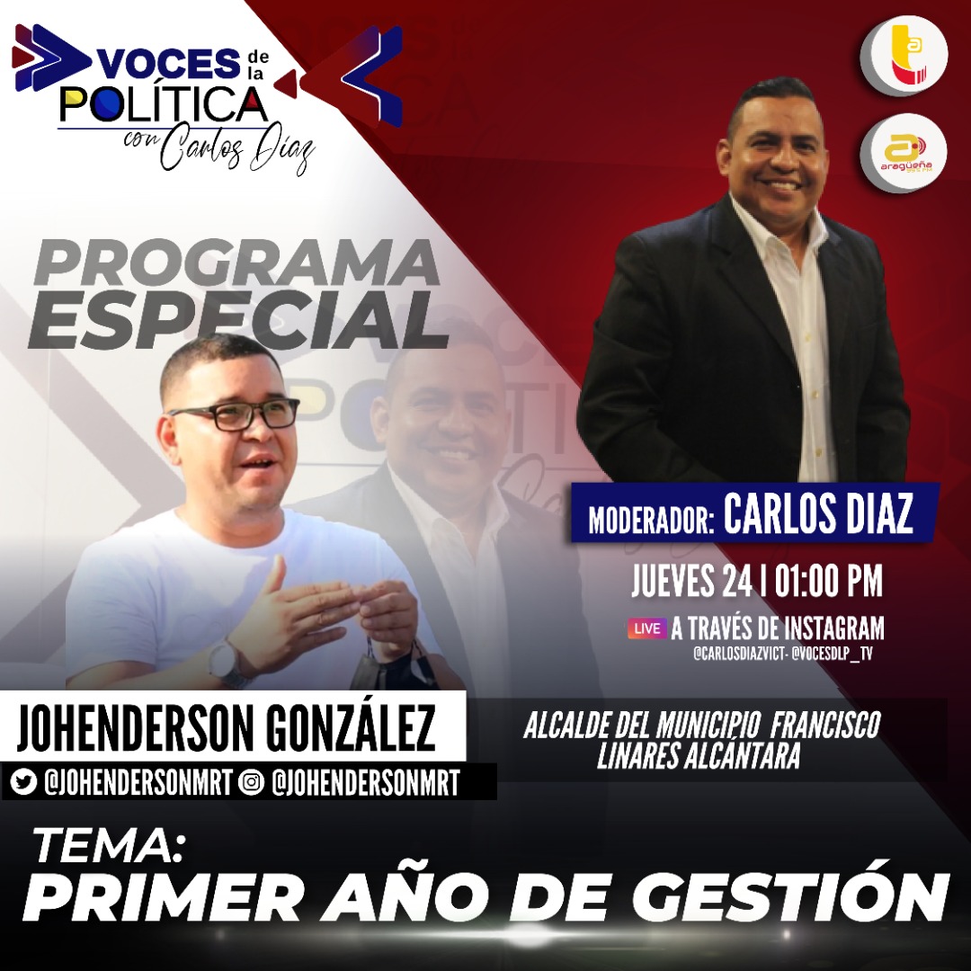#24Nov|Te invito a sintonizar #VocesDeLaPolitica por <a href="/Telearagua/">TELEARAGUA</a> y <a href="/99Punto5/">Aragüeña 99.5 FM</a> donde estaré conversando de mi #1erAñoDeGestionRebelde en el Municipio Francisco Linares Alcántara y de nuestros avances en #1añoLinaresRebelde del #BuenVivirPorElPueblo.

<a href="/NicolasMaduro/">Nicolás Maduro</a> <a href="/Soykarinacarpio/">Karina Carpio</a>