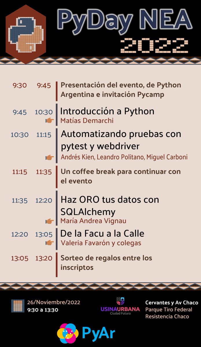 AguaraTech (@pythonnea) on Twitter photo Inscribanse para los sorteos
eventos.python.org.ar/events/PyDayNE…
¡Y difundan por favor! 
Gracias!!! Los esperamos! Inscribanse para los sorteos
eventos.python.org.ar/events/PyDayNE…
¡Y difundan por favor! 
Gracias!!! Los esperamos!