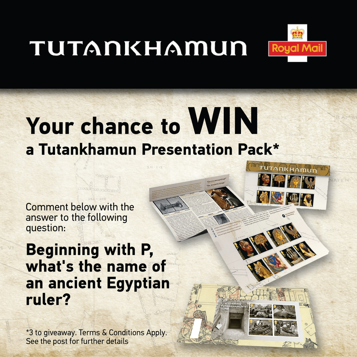 RoyalMailStamps's tweet image. COMPETITION! For your chance to win a Tutankhamun Presentation Pack

Like + RT this post and reply with the answer to the following by 11:59pm on 29/11/2022: 

Beginning with P, what's the name of an ancient Egyptian ruler? 18+ UK only - Ts &amp;amp; Cs apply: ms.spr.ly/6016dvAro