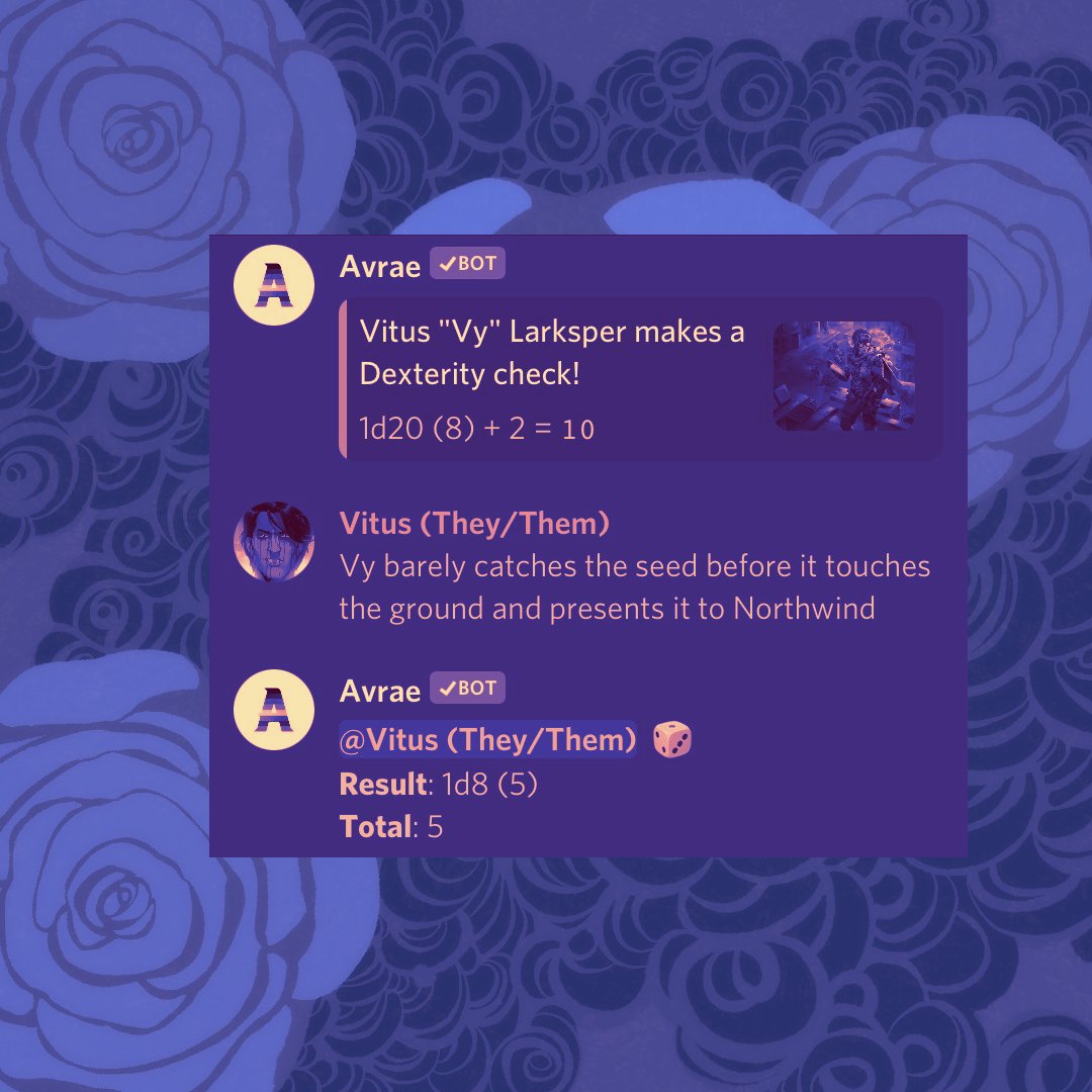 DunjMasterEryn's tweet photo. We play many of our games with the help of Avrae (who at times is a bit devious). This helpful tool integrates with discord to provide easy use to DND5e character sheets, abilities and combat, making play easy on mobile. https://t.co/EvrbMax1gs

#dungeonsanddragons #playbypost https://t.co/AvUuaIv1Py