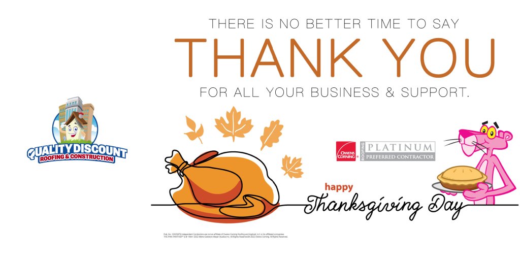 QDRJAX's tweet photo. We at Quality Discount &amp; Construction would like to thank all of you. We hope this holiday brings a smile to your face and great memories to last a lifetime.

HAPPY THANKSGIVING DAY! 🦃🍁💙

#OwensCorningRoofing #OCRoofing #OCCN #happythanksgiving #thanksgivingday #thankful https://t.co/ItK9WYA415
