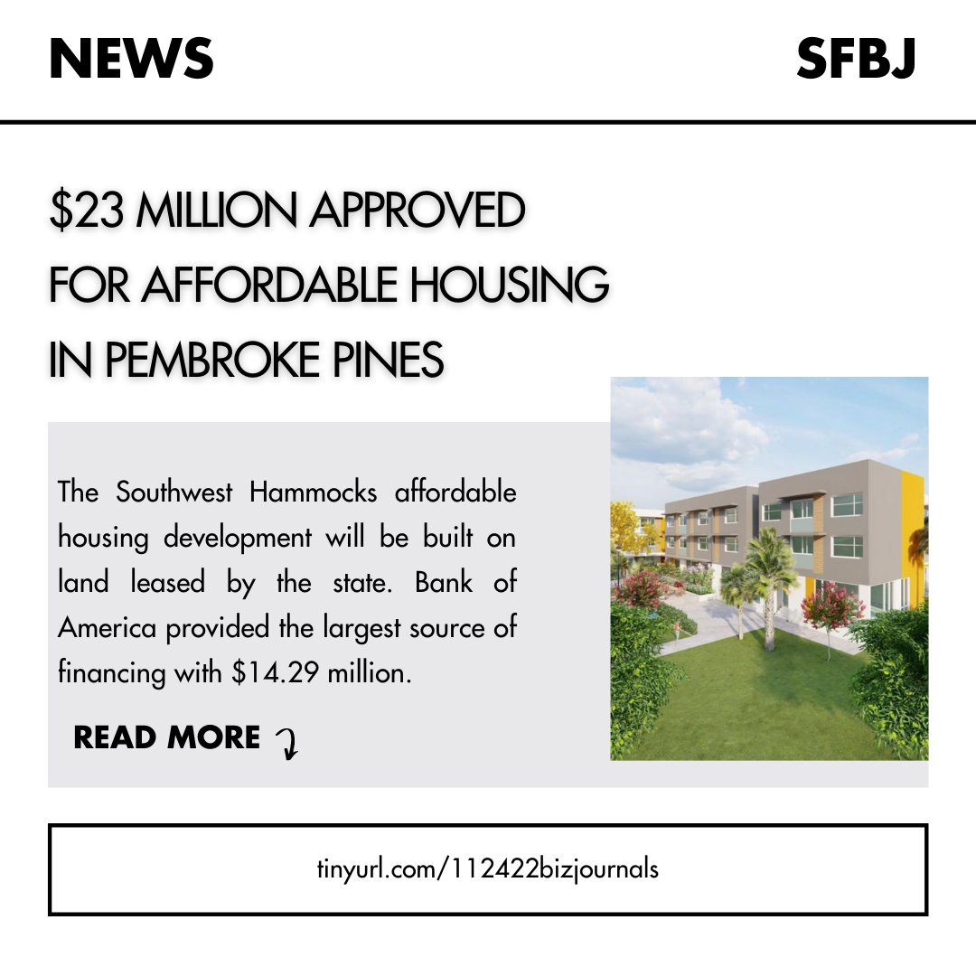 AtlasCTGHomes's tweet photo. $23.2 million in construction funding has been granted for affordable housing in Pembroke Pines. Southwest Hammocks is hoping to extend the affordable housing units to those in need who struggle with mental illness. To learn more visit: https://t.co/iZ0oVbbVMe #pembrokepines https://t.co/Khf1NtwSgj