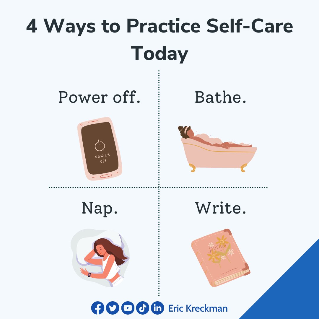 erickreckman's tweet photo. 4 ways to practice self-care today.
.
.
#HealthIsHappiness #HolisticHealing #HolisticHealthcare #HealingJourney
#FunctionalMedicine #WomensHealth #RelaxTime #BrainHealth #Medicare
#BeHealthy #BeHealthyBeHappy #HealthGoals #HealthTips https://t.co/24MU6OWBRW