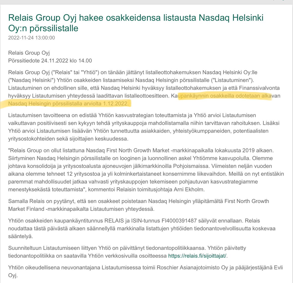 zijoittaja's tweet photo. #RelaisGroup päälistalle 1.12.2022. Se on ruuhkaa silloin, jos se #KoskisenIPO menee läpi ja nekin listalle samana päivänä.
Kummalle ne pörssin 🔔 soi silloin? 🤓 https://t.co/zGvB4jb5h9
