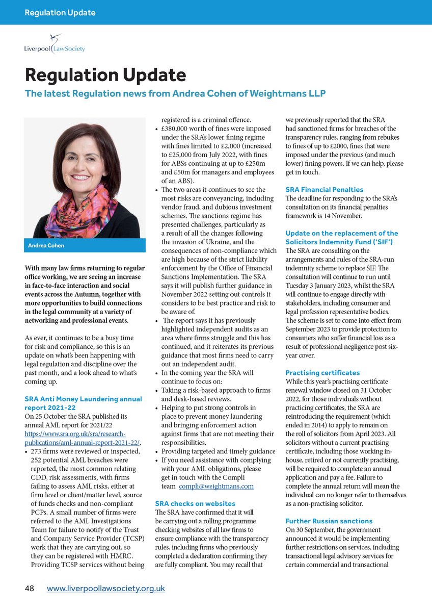 Baskervilleeme1's tweet photo. @LpoolLawSociety  Magazine November 2022
Regulation news from Andrea Cohen, @Weightmans 
@sra_solicitors 
https://t.co/MUQg6fohjK https://t.co/s4IAWedTLG