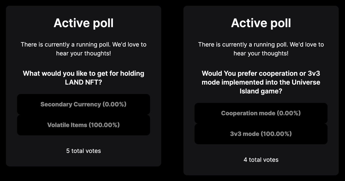 _UNIVERSEISLAND's tweet photo. We need our communities opinion regarding Universe Island’s development plans! All stakers and token holders are eligiable to vote in our polls, please vote now and share your thoughts to support Universe Island and its future ventures! https://t.co/195Zud1DhR