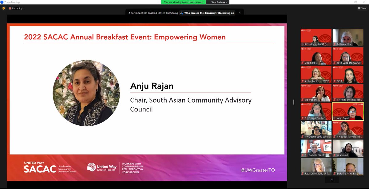 Beginning now. Introduction by Anju Rajan - Chair of the SAAC. The event titled: Empowering Women: Pathways to Equality and Well-being hosted by UWGT’s South Asian Advisory Council. <a href="/UWGreaterTO/">United Way Greater Toronto</a>, #LocalLove,  #WomenEmpowerment