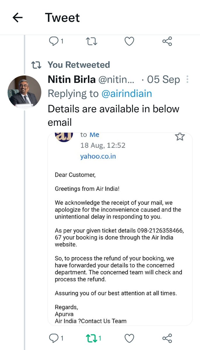 nitinbirla_8's tweet photo. @airindiain @JM_Scindia @DGCAIndia Sharing 1st Twitter transmission 5 Sep 2022 @airindiain clearly describing customer has not received a REFUND even after 5 months of emails and calls since March 2022. Now after 8 months still half refund balance 124.350KWD. Please let me know when???????? https://t.co/bAXQnIEJnD