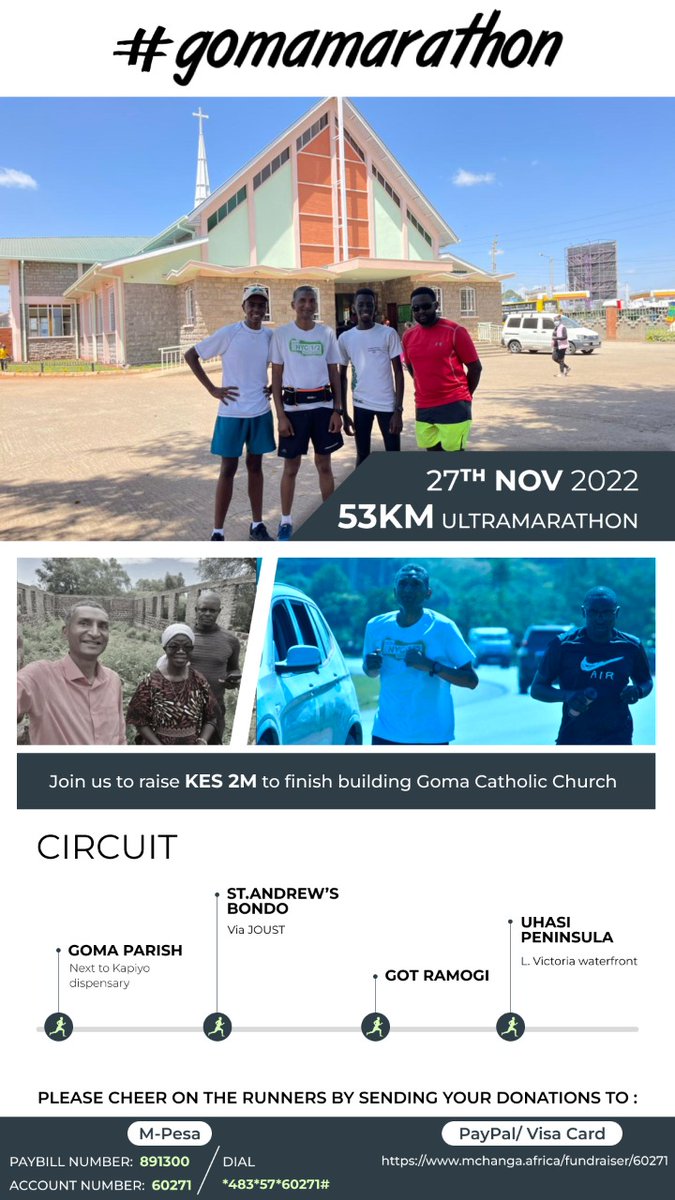 Countdown to #gomamarathon on Sunday! My friends and I will run 53km to build a church, show you beautiful sites, promote running and have fun with a purpose. Have you sent your donation yet? MPesa any amount you have to Paybill 891300 account 60271 or just dial *483*57*60271#