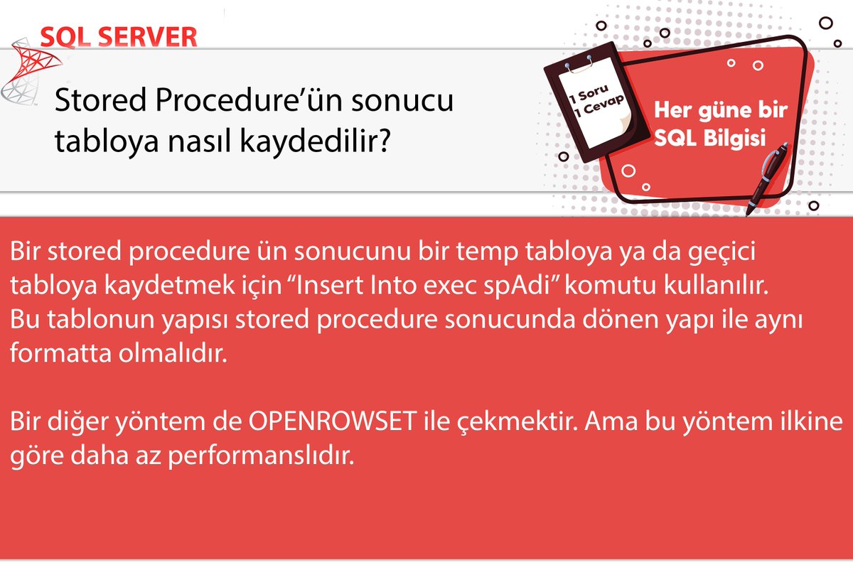 omer_colakoglu's tweet photo. SQL Server'da Stored Procedure'ün sonucu bir tabloya nasıl kaydedilir?
#hergüne1sqlbilgisi #sptotable #sql #tsql https://t.co/MKL9BwsEPd