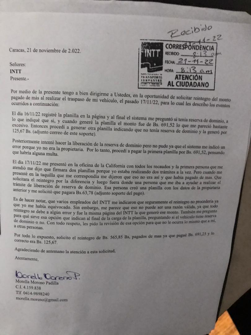 morellamoreno's tweet photo. @oficial_intt, solicité este reintegro el lunes 21-11-22 y me encantaría que me dieran respuesta por este medio. Gracias de antemano https://t.co/Ecq47MZE6y