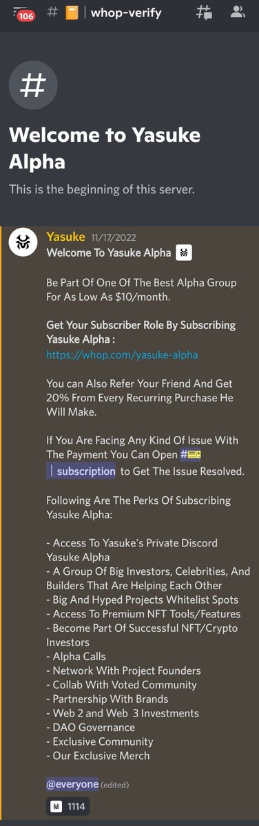 TeamWenMoon's tweet photo. Follow-up tweet from yesterday's on @YasukeAlpha. Apparently the founder decided to contact me.

Here is the 1st thing you see when you join their server. You can't see anything else because it's behind a pay wall. So I asked again about their false claims.

#SCAM #NFTcommunity https://t.co/Dp4BLm7mjj