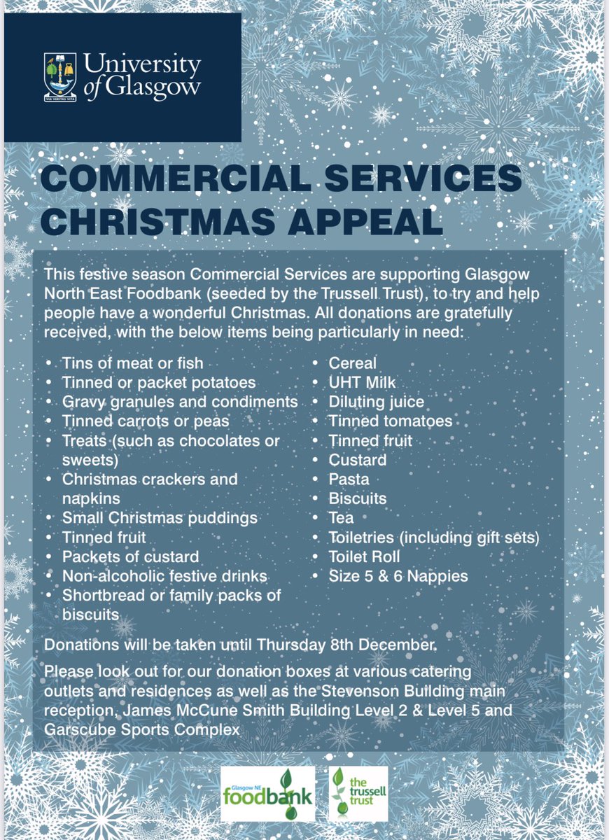 Really proud of my team in <a href="/UofGPrint/">UofG Print</a> @UofGFood <a href="/UofGLiving/">UofG Accommodation</a> <a href="/UofGShop/">UofGShop</a> <a href="/UofGSport/">UofG Sport</a> who have worked to organise a Christmas appeal 🎄for the Glasgow North East Foodbank. 

Donations can be made in a variety of places across the <a href="/UofGlasgow/">University of Glasgow</a> campus. Thank you to all for their support.