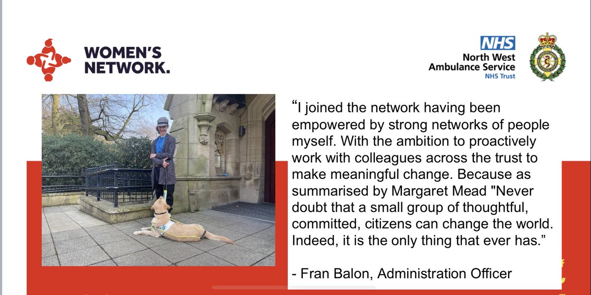 The next committee member to introduce is  Fran our Campaigns Lead, accompanied by her trusted companion Guide Dog Sean!👏🏻Promoting intersectionality Fran is also a committee member for <a href="/NWambDisABILity/">NWAS Disability Network</a>  #NWASWomen