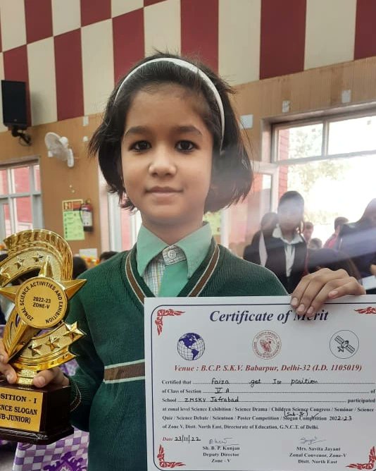 ZeenatSkv's tweet photo. Two more...&amp; Still continue
#Daniya khan 
Class 4th B gotcha 3rd position in poster marking (science exhibition)at zonal level
#Faiza 
Class 5th A got 1st position in slogan writing (science exhibition) at zonal level
@DSTF_2020 
@Dir_Education 

@SCERT2021 
@HappinessDelhi https://t.co/jlDFHlbYWv