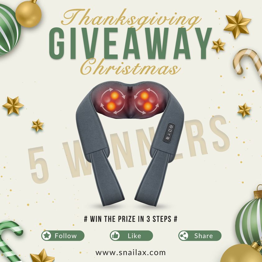 Neck Massager #Giveaway! 5 winners. Visit the Snailax Facebook/Instagram pages. 

PLUS there is a 35% discount💥right now. All massagers on snailax.com are eligible. Visit their online store for some fantastic gift ideas! #holidaygiftguide 

facebook.com/Snailax/photos…
