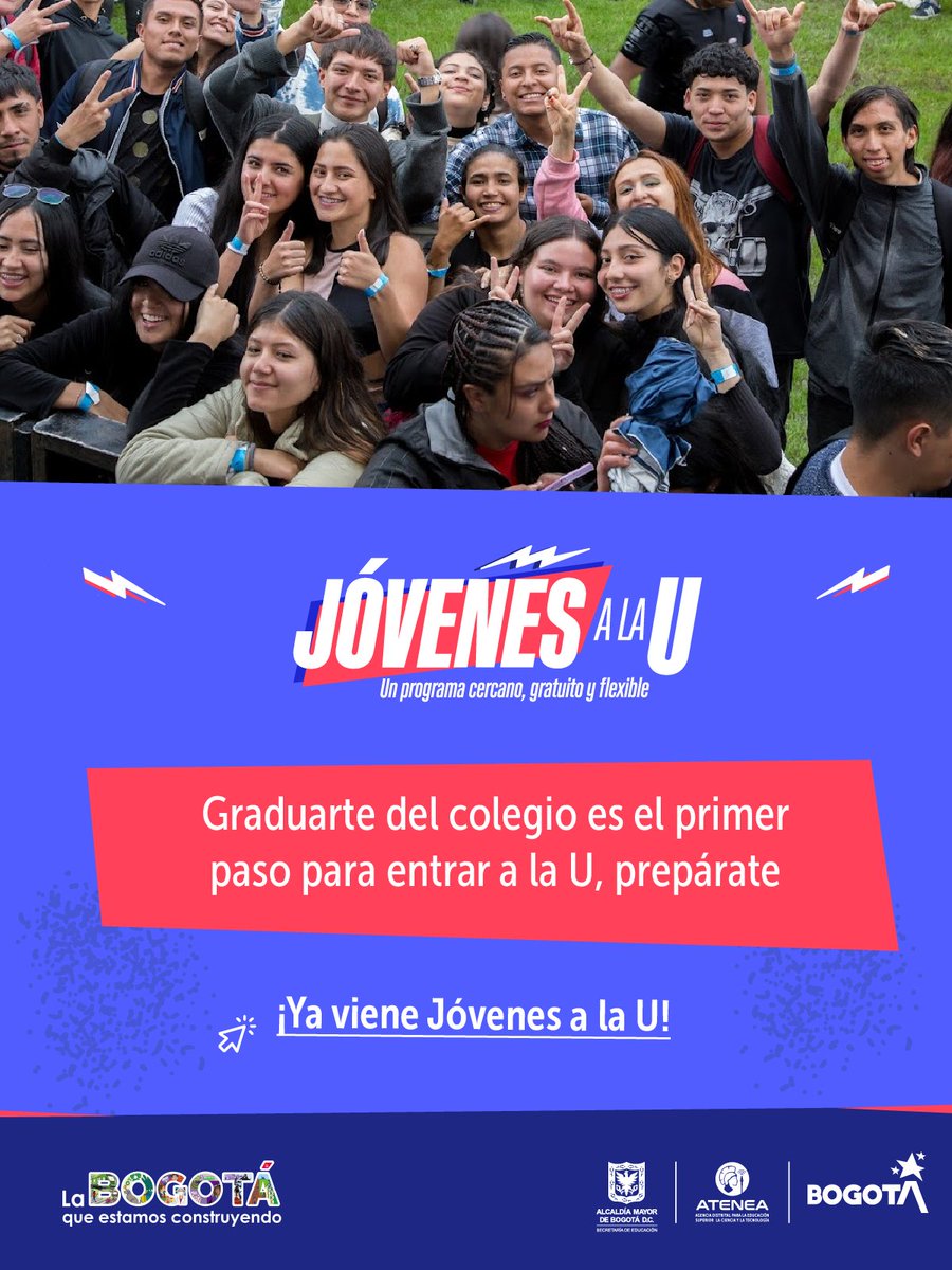 AteneaBogota's tweet photo. 🆕 Sabemos que lo estabas esperando. En los próximos días abriremos cuarta convocatoria #JóvenesALaU 👏👏👏, programa que cubre el 100% de la matrícula y te brinda la oportunidad de entrar a la universidad 🙌🤩🎓
¡Prepárate!👀✍️ https://t.co/oL7hajeNns