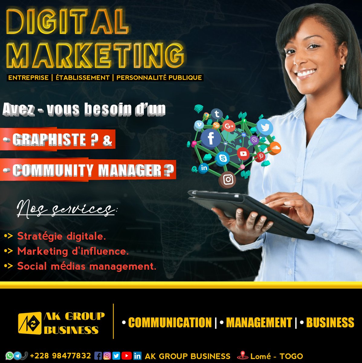 AkGroupBusiness's tweet photo. Un GRAPHISTE est un professionnel de la communication qui conçoit des solutions de communication visuelle et la COMMUNICATION DIGITALE renvoie aux différents supports digitaux pouvant apporter de la visibilité à une entreprise. Cela passe par un site internet,les réseaux sociaux. https://t.co/atgtJseY4x