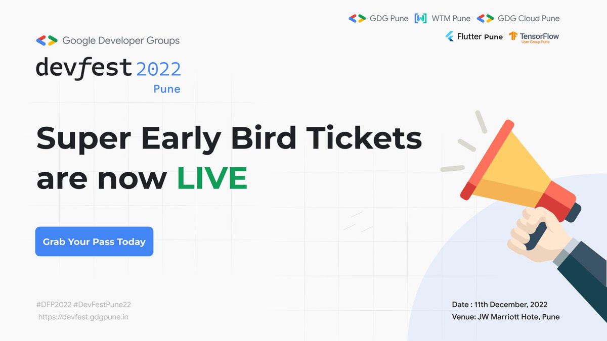 GDGPune's tweet photo. 📢📢Early Bird🐣 tickets🎟️for #DevFestPune are live now! 🎊🎉
Make sure you book yours tickets before they are all gone!🔥

University Student/Professionals tickets are also available!
Book here: https://t.co/3wNwMbnEIa

🗓Sunday | 11th Dec,2022
📍JW Marriott, Pune
#Devfest #Pune https://t.co/5WtAoLvwJw