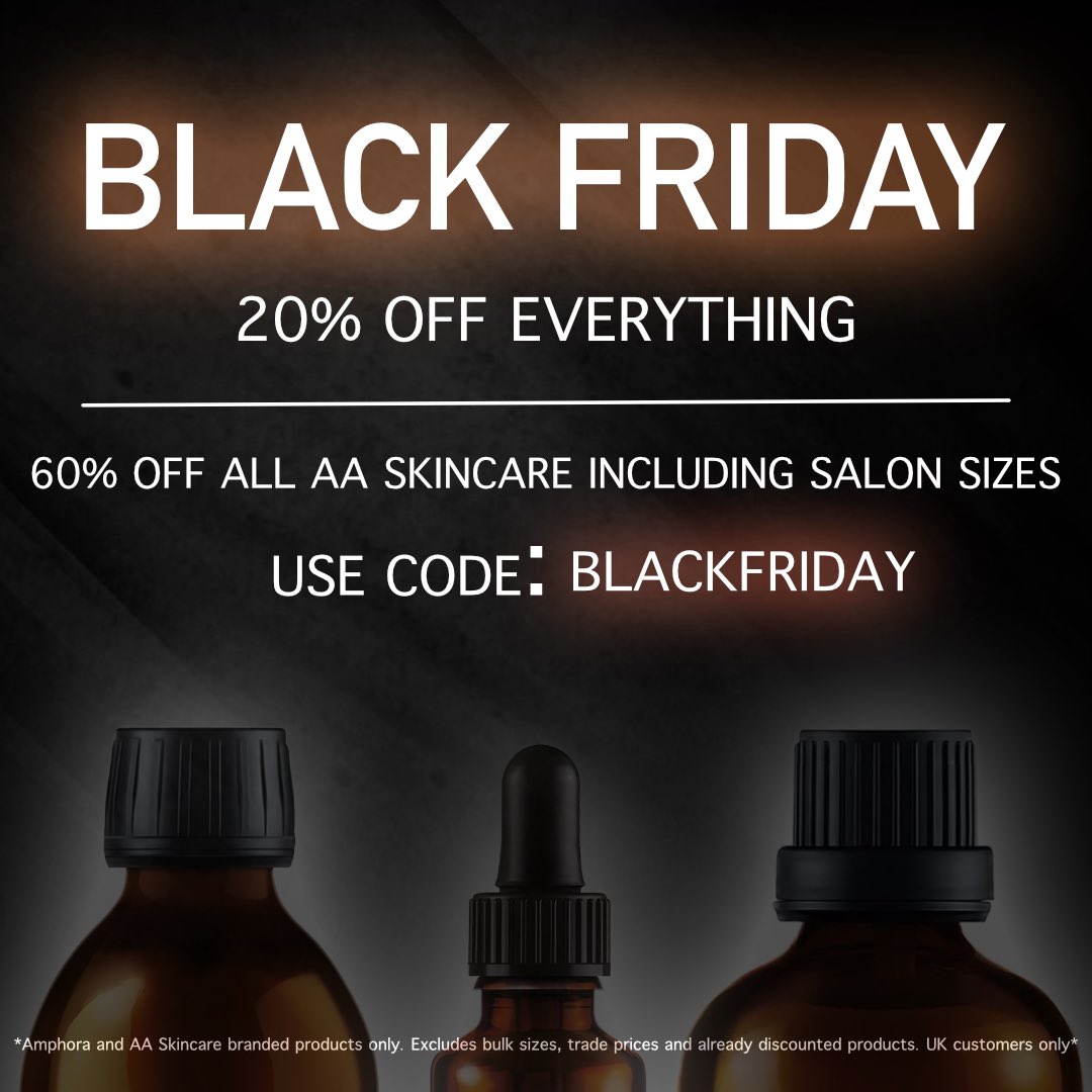 #BlackFriday deals are here! Head to our website for 20% off everything and 60% off all AA Skincare products! 🖤