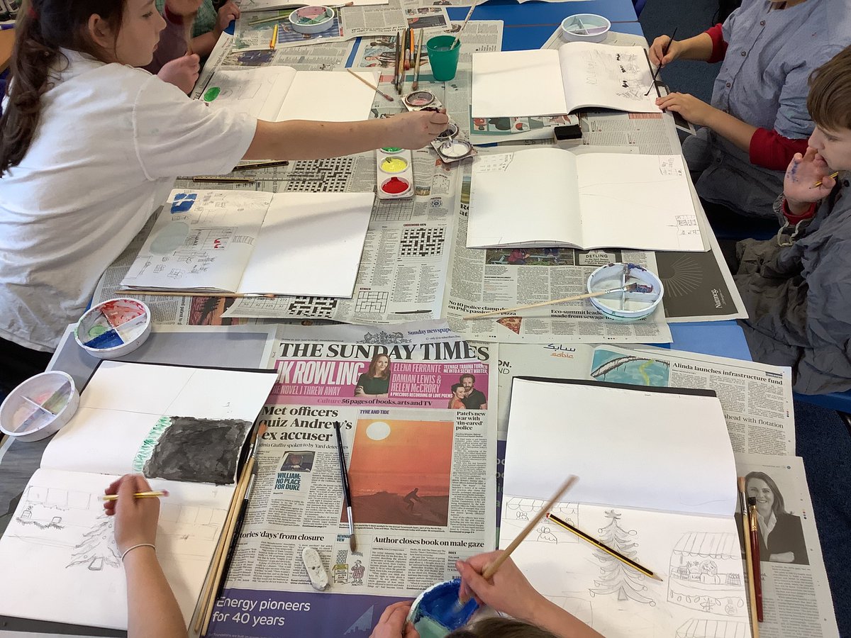Barfordstpeters's tweet photo. Year 5 are painting the backdrops for our Christmas play. They will be thinking carefully about the use of colour to create light and shade. Here is a sneak peak of them at work! #bspArt https://t.co/8CvjIxdDEW