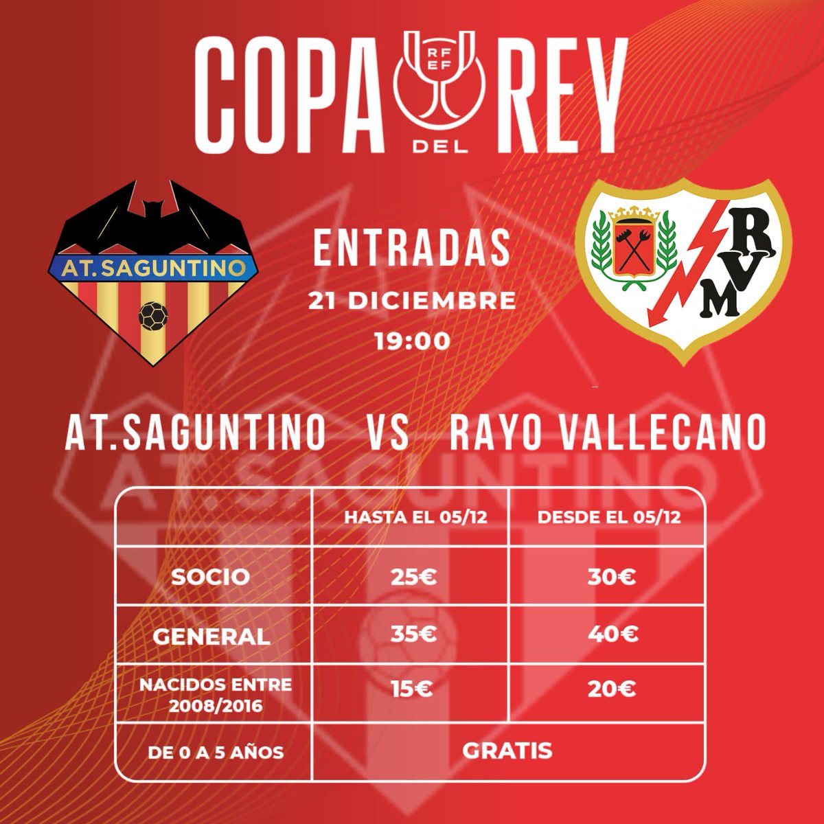 AtcoSaguntino's tweet photo. 🎟️ 𝐏𝐑𝐄𝐂𝐈𝐎𝐒 𝐄𝐍𝐓𝐑𝐀𝐃𝐀𝐒 𝐂𝐎𝐏𝐀 𝐃𝐄𝐋 𝐑𝐄𝐘

Estos serán los precios de las entradas para la Segunda Ronda de la #CopaDelRey 🆚 @RayoVallecano. ❤️💙⚔️

En breves anunciaremos puntos de venta y el enlace para la compra online. https://t.co/T5Ndhxajl0