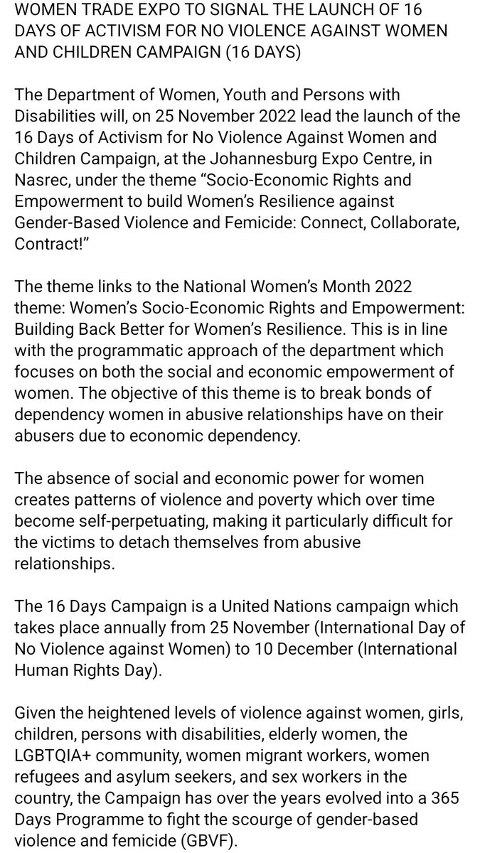Tourism_gov_za's tweet photo. WOMEN TRADE EXPO TO SIGNAL THE LAUNCH OF 16 DAYS OF ACTIVISM FOR NO VIOLENCE AGAINST WOMEN AND CHILDREN CAMPAIGN (16 DAYS) https://t.co/18qgqZ8j1Q