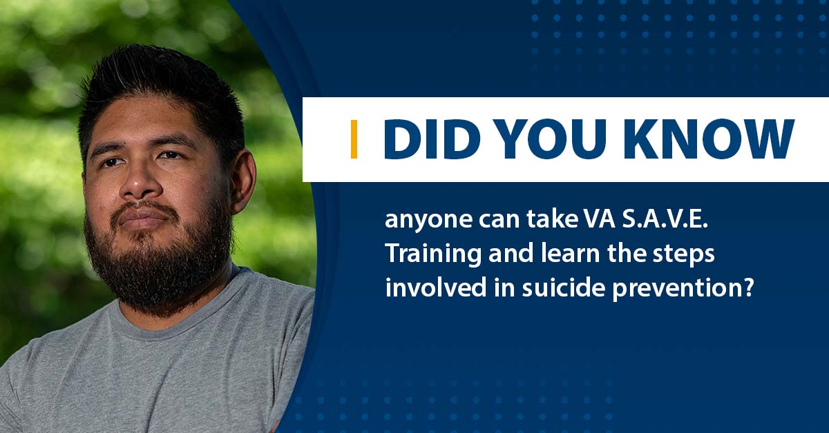DeptVetAffairs's tweet photo. VA S.A.V.E. Training helps you act with care and compassion if a #Veteran in your life is in crisis or having thoughts of suicide. 

Take the training today:
https://t.co/vM7WHqqSWz https://t.co/KFk0I56U4q