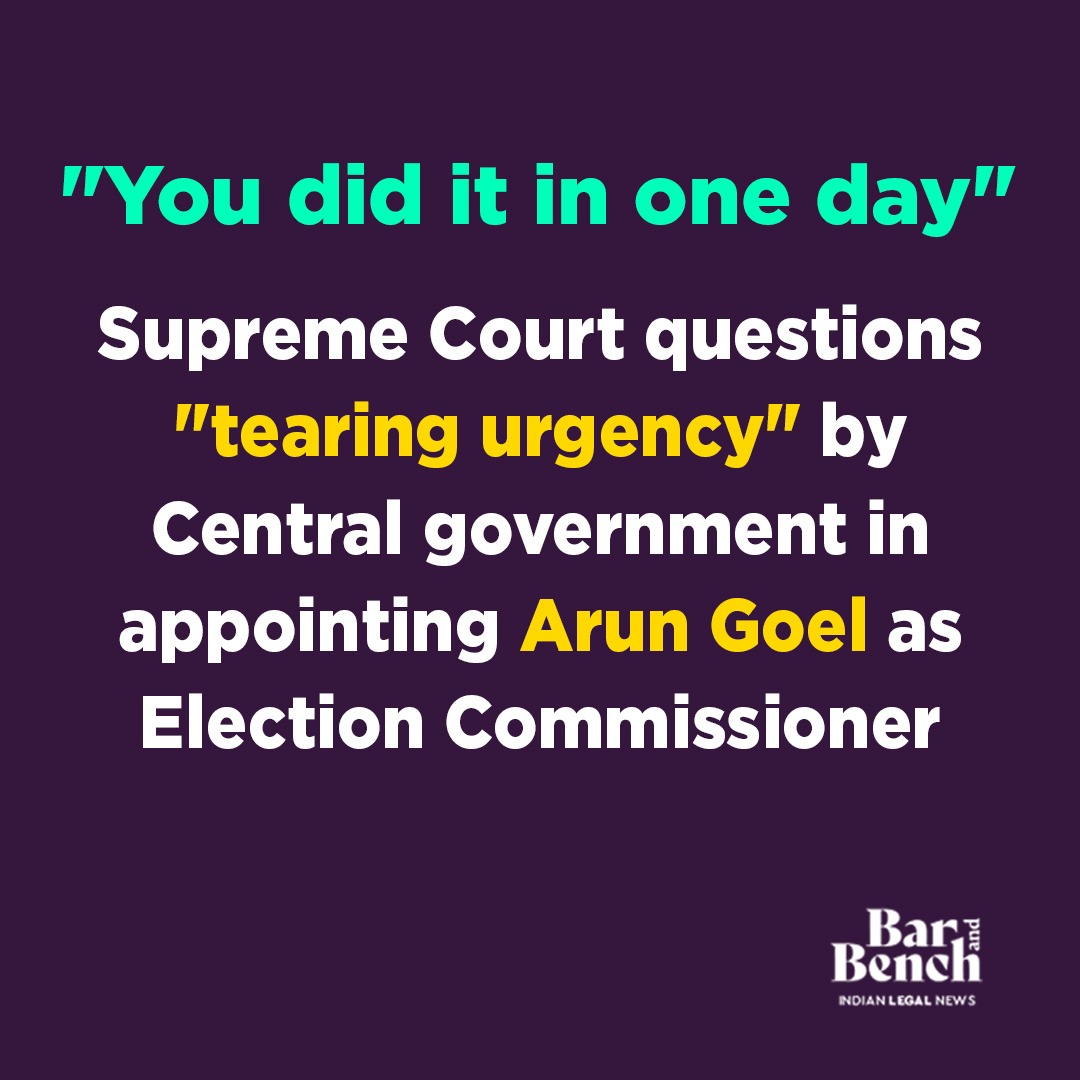 barandbench's tweet photo. Supreme Court questions "tearing urgency" by Central government in appointing Arun Goel as Election Commissioner

Read story: https://t.co/Bpg1hLalqR https://t.co/xX17ltFcXj
