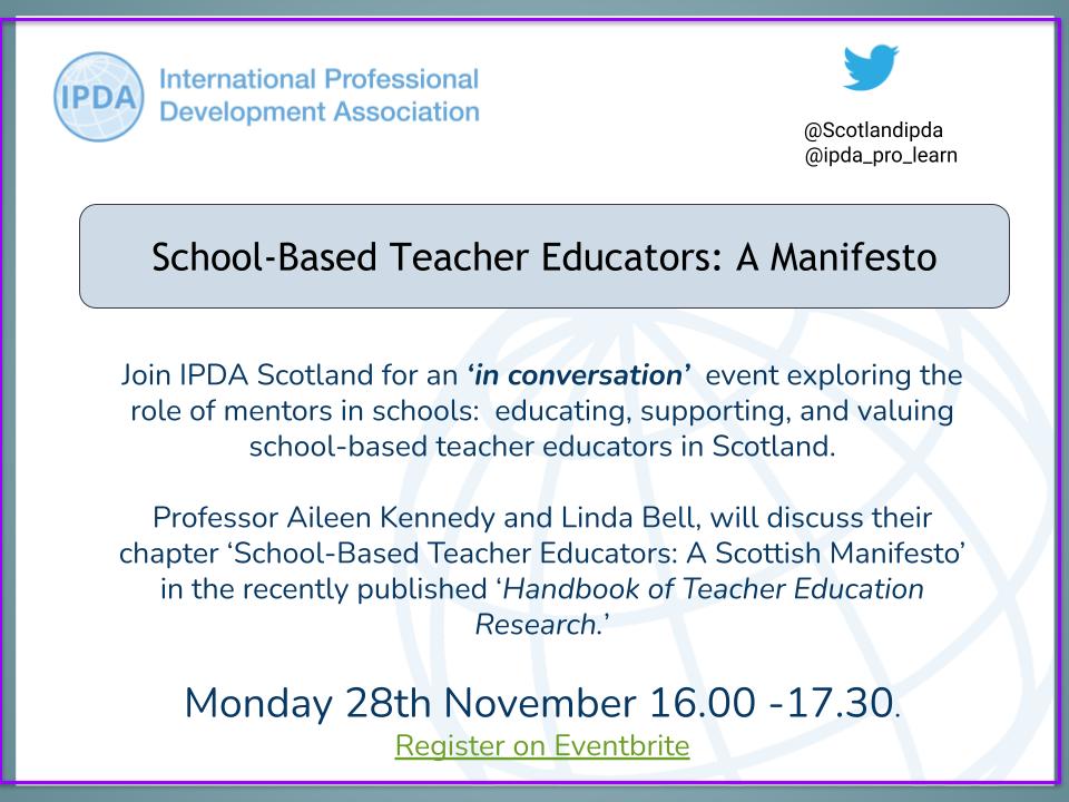 And we are hosting our own 'in conversation' even on Monday 28th Nov on School-based Teacher Educators, which will draw on the recently published chapter on the theme by our own IPDA committee members, @DrAileenK and @Lindabell15 -tickets still available: bit.ly/3GZSNwf