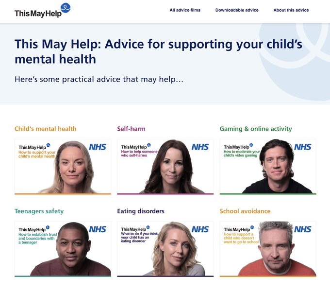 A view of the This May Help website. A website providing advice on how to support your child’s mental health, short advice films include, self-harm, gaming, eating disorders.
