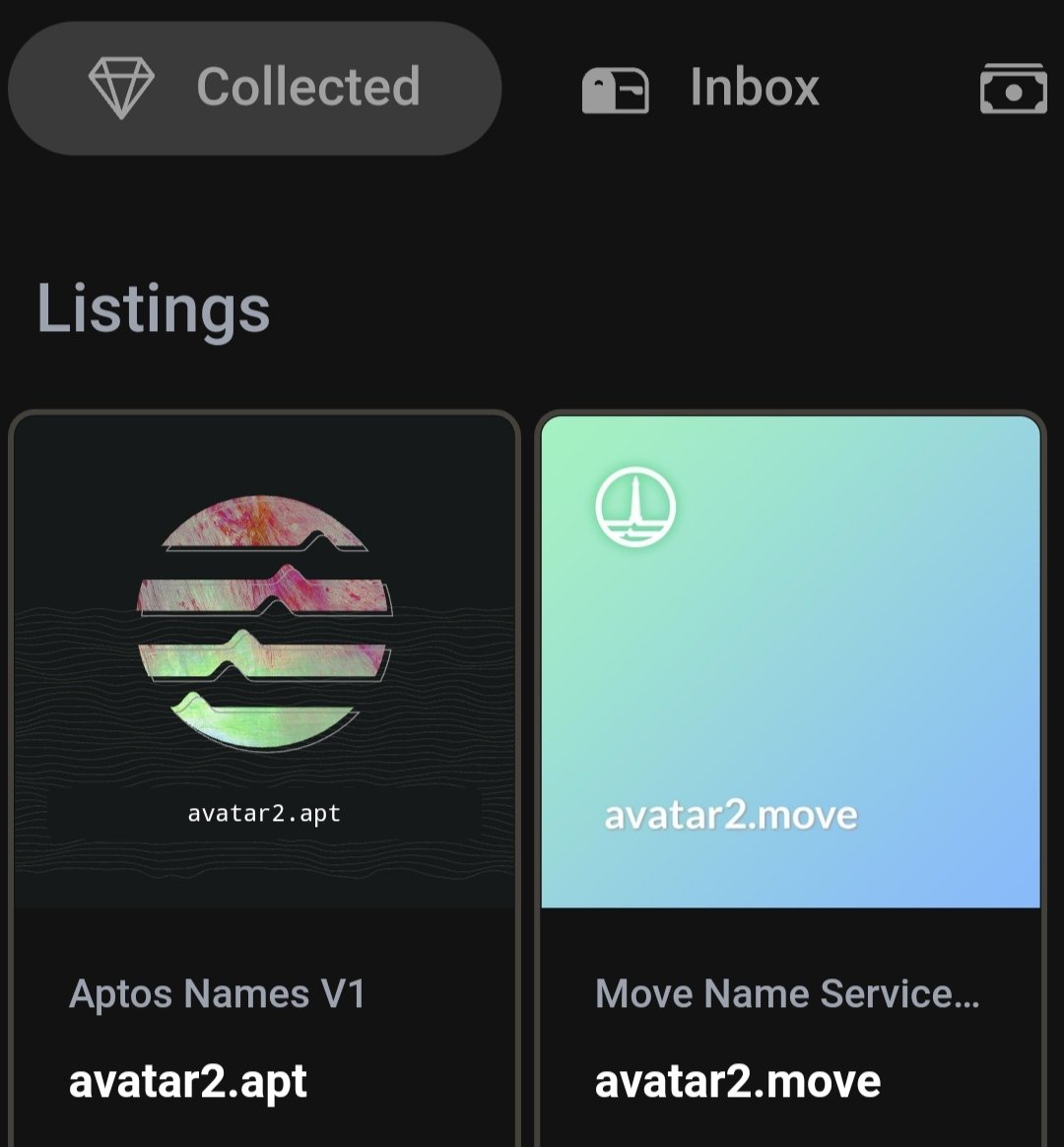 ankit_head's tweet photo. So now finally i have two same domain name.
Avatar2
I minted some days ago avatar2.apt on @aptosnames and
Today i minted avatar2.move on @MoveNameService
#aptosnameservice
#movenameservice https://t.co/06hD5DODRJ