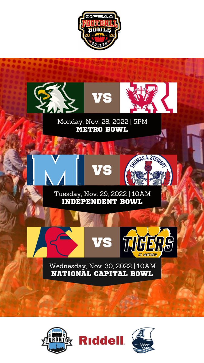 Here we gooooo! This year’s <a href="/OFSAAFootball/">OFSAA FOOTBALL BOWL SERIES</a> games are 🔒 with three teams from Toronto chasing 💍.

<a href="/ccsfootball/">Chaminade College School Football Gryphons</a> representing TDCAA.

<a href="/smcsfootball1/">SMCS Football</a> representing CSIAA.

<a href="/nssredknightsfb/">Northern’s Red Knights Football</a> representing TDSSAA. 

Tickets: gryphonstickets.universitytickets.com/w/default.aspx…

#builtintoronto 🔵⚪️⚫️