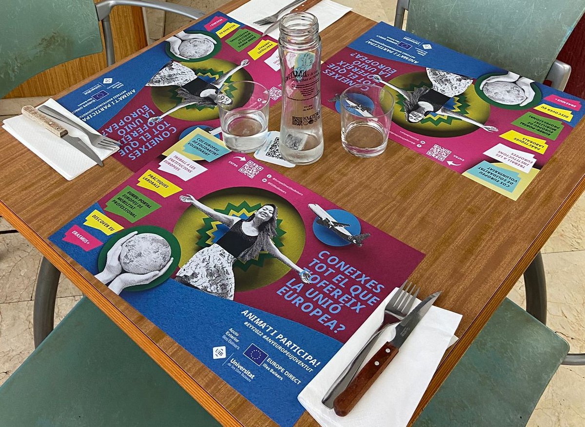 EDIllesBalears's tweet photo. A la cafeteria de la #UIB podràs trobar les noves estovalles de @EDIllesBalears🇪🇺 

Escaneja el QR i no et perdis totes les oportunitats que la UE ofereix als joves estudiants com tu, tant en el marc de les transicions verda i digital, treballar i estudiar a fora i molt més!🌍🫂 https://t.co/zCUoPNz0aW