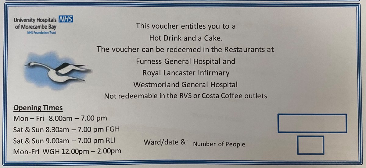 The Bereavement Office is very pleased to be offering families of end of life patients vouchers for a hot drink and a cake, from the hospital restaurants. Vouchers available from the wards.