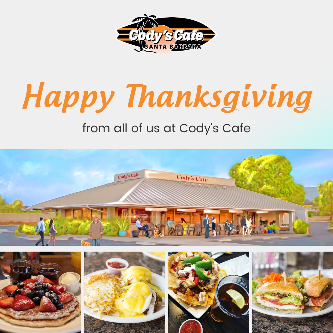 CodysCafeSB's tweet photo. Happy Thanksgiving! We hope everyone has a wonderful day surrounded by family and friends. ππ₯§π¦
#CodysCafe #HappyThanksgiving #Thanksgiving #ThanksgivingDay #ThankYou #Gratitude #Grateful #Thankful https://t.co/GHYjwrwLIy