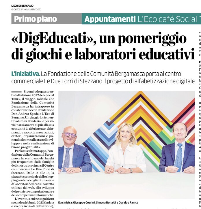 GiuseppeGuerin1's tweet photo. Sabato pomeriggio vi invito a conoscere il progetto #DigEducati coordinato dalla #FondazioneComunitáBergamaca per il contratto alla povertà educativa e per la riduzione dei limiti alla accesso alle tecnologie digitali. Saremo a #Stezzano alle Due Torri con @webecodibergamo https://t.co/GZd4bic6BG