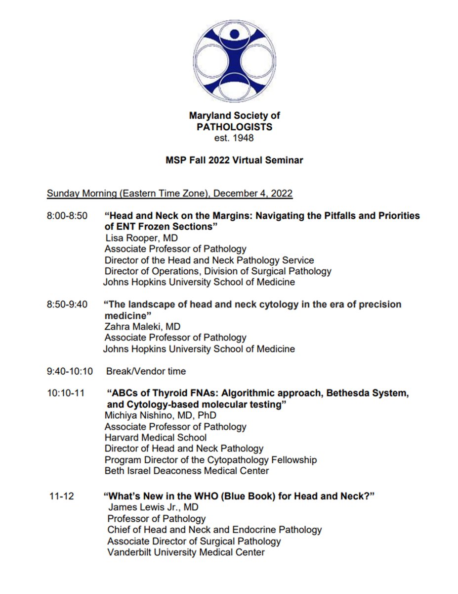 People of #pathtwitter, get ready for the Maryland Society of Pathology fall seminar: Head and Neck Pathology. Dec 4, 8-noon, on zoom. Expert line-up includes @LisaRooperMD, @ZMaleki_cyto, @MichiyaNishino, & Dr. James Lewis. Don't miss out! Register: marylandpathology.org/event-5021828