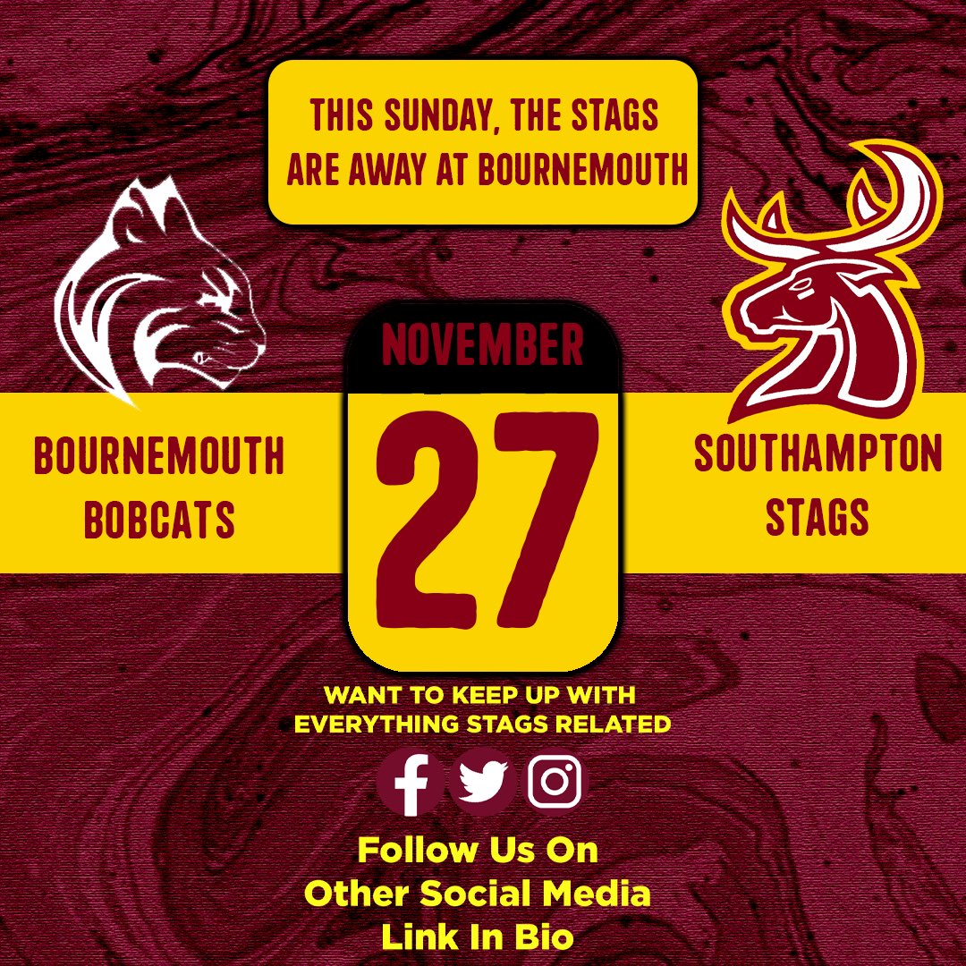 This Sunday the Stags head to Bournemouth to play against the Bournemouth Bobcats

Date: Sunday 27 November 
Kick off: 12:30pm
Venue: Bournemouth, Bournemouth University Sports Campus, Chapel Gate, Christchurch BH23 6BL

Hope to see supporters come along and support the team ❤️
