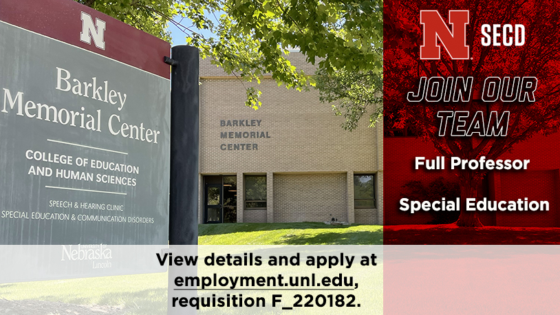We are searching for a full professor in special education to join our faculty. This is a tenured position with a 9-month appointment.

More details + application -> go.unl.edu/sped-prof

#UNL #UNLCEHS #HigherEdJobs #SpecialEducation