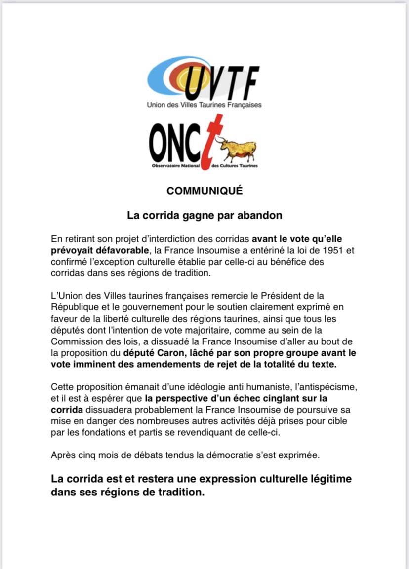 UVTF1's tweet photo. 🔴Retrouvez notre communiqué suite au retrait de la PPL d’@CaronAymericoff 
#Ouiàlacorrida https://t.co/nrJZgnPv6f