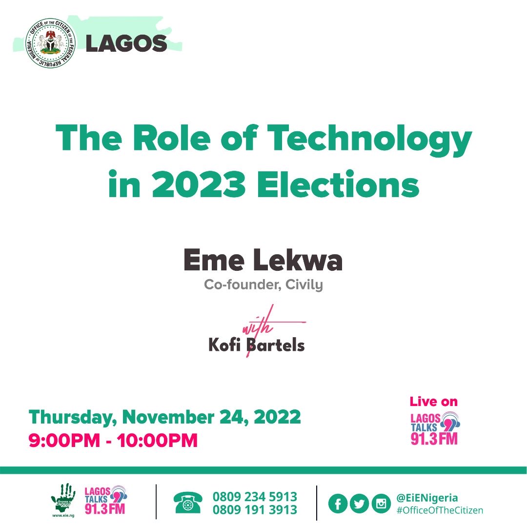 Our Co-founder will be speaking on Lagos Talk today, Radio 91.3FM, 9PM. Join us as we discuss on the ROLE OF TECHNOLOGY IN THE COMING GENERAL ELECTIONS.