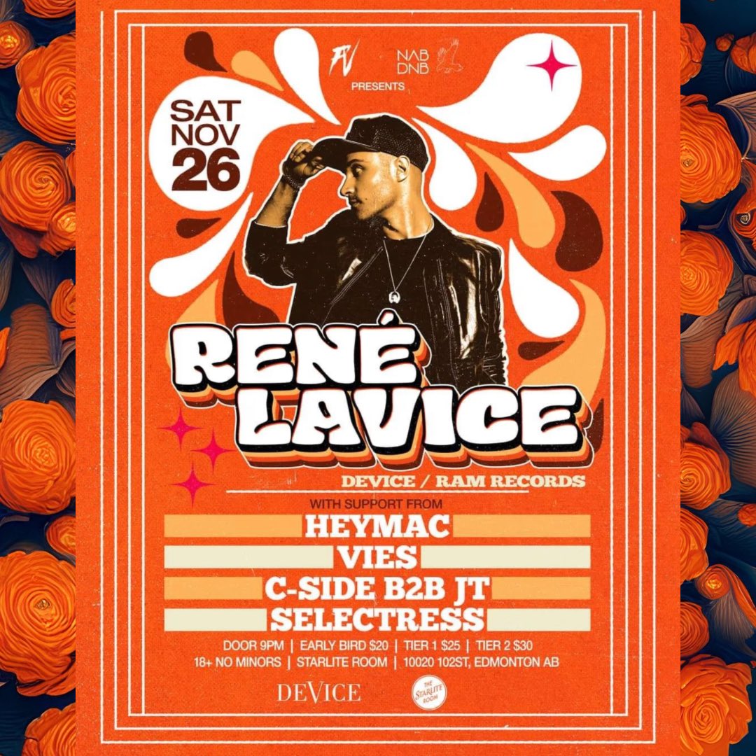 Saturday night at the @StarliteRoom, DnB living legend, @ReneLaVice (Device Records / @RAMrecordsltd) is coming to bring the roof on down w/ NAB DnB locals in support. Brought to you by @FvFuturevibes & NAB. #edmonton #dnb #yeg
