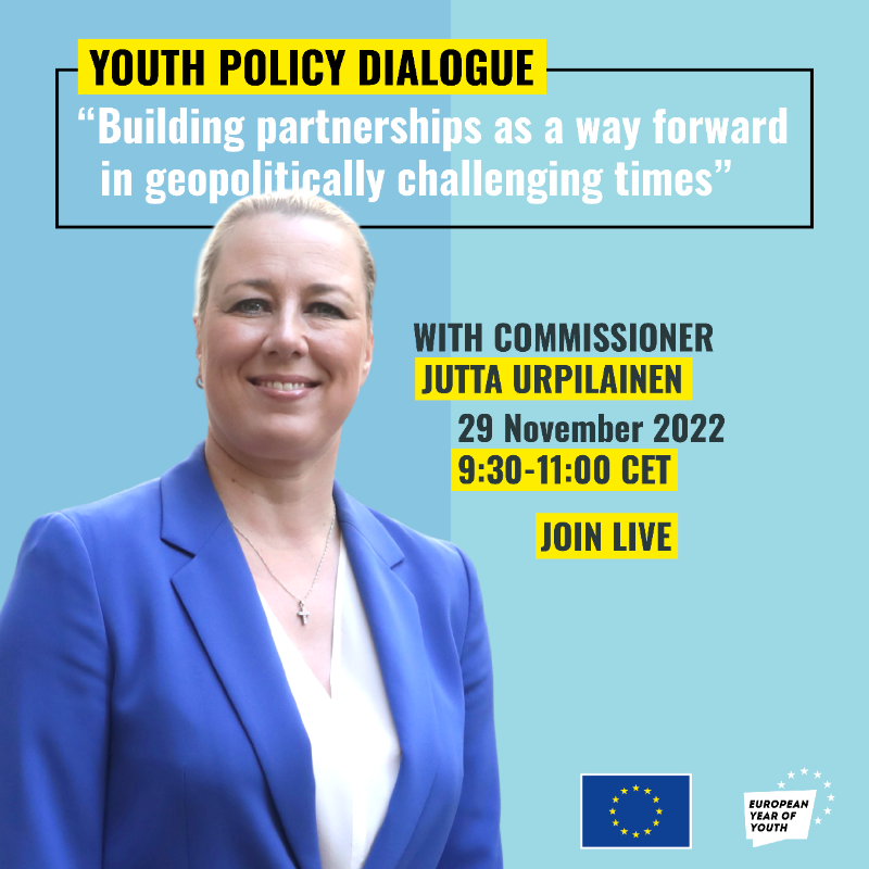 Join us LIVE today for a new #EuropeanYearOfYouth policy dialogue with our Commissioner!

<a href="/JuttaUrpilainen/">Jutta Urpilainen</a> and 1⃣6⃣ young people are meeting to share their views on how to build effective 🌎 partnerships.

⏺️ Livestream on Twitter
⏰ 9:30 CET